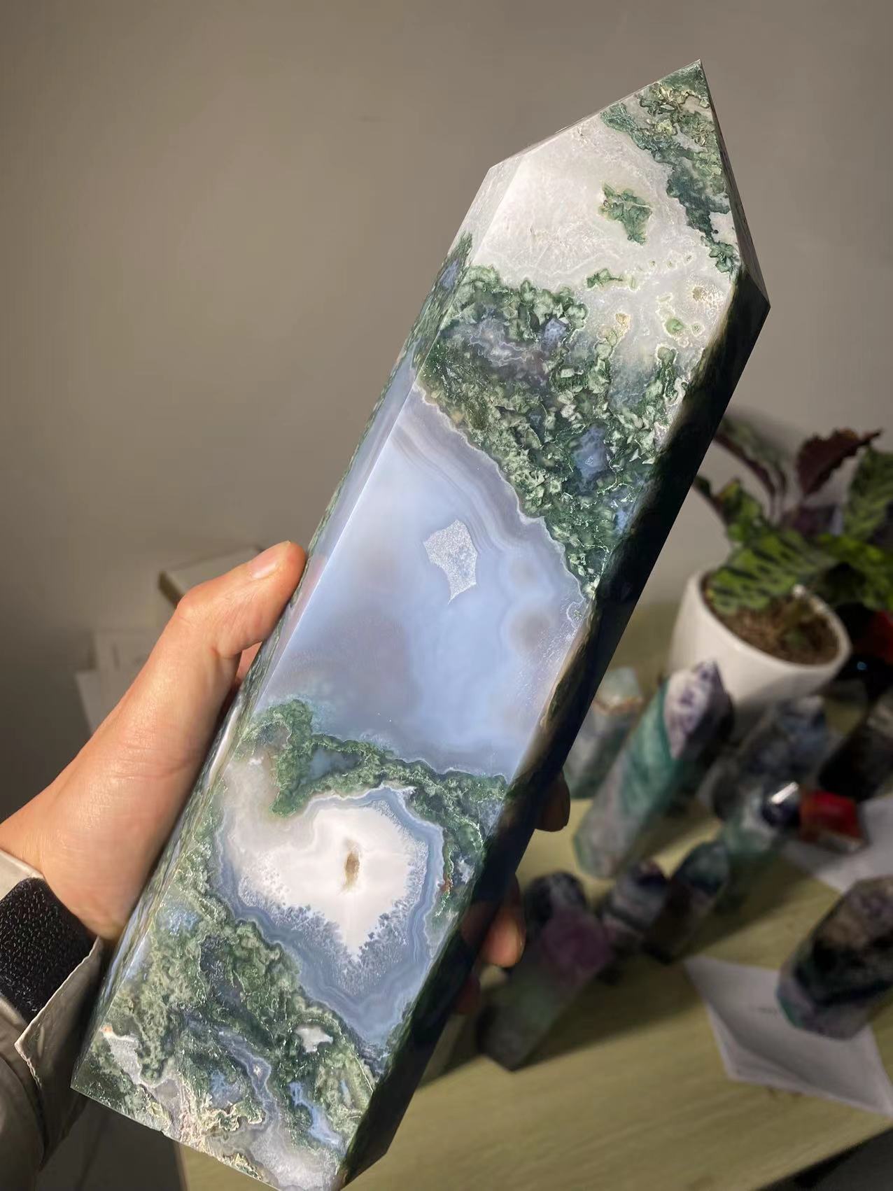 Natural large moss agate crystal tower