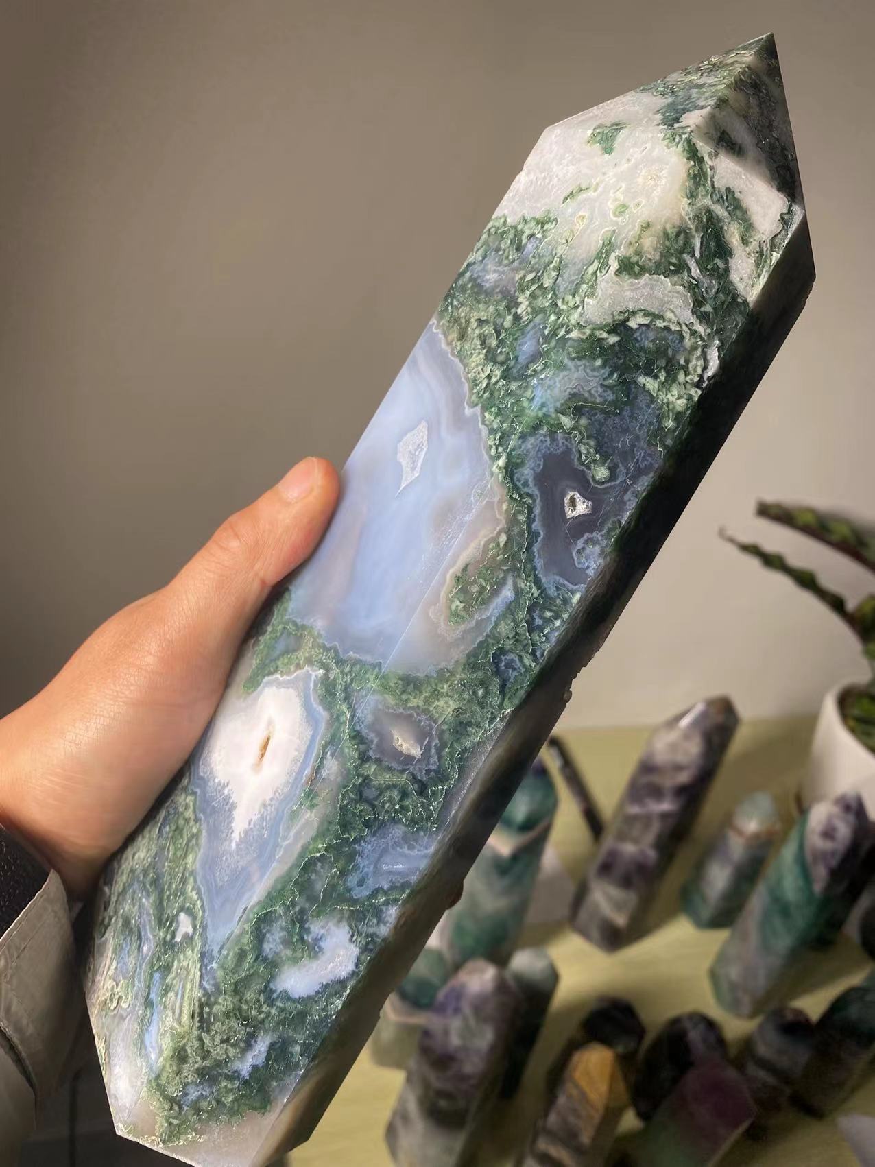 Natural large moss agate crystal tower