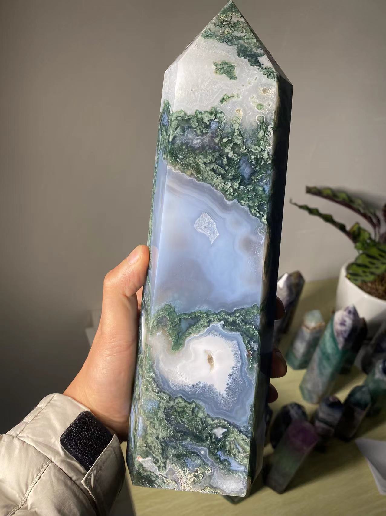 Natural large moss agate crystal tower