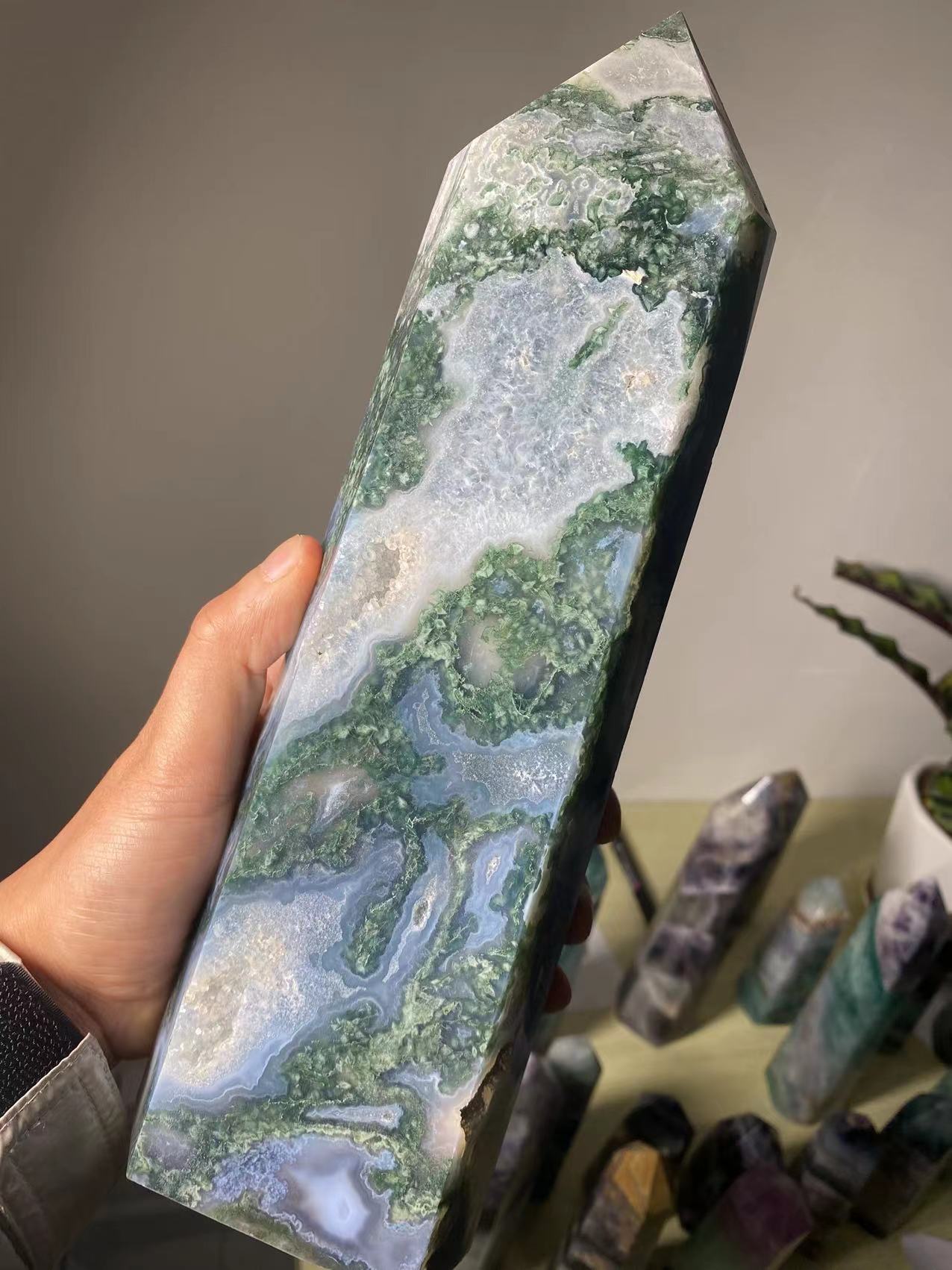 Natural large moss agate crystal tower