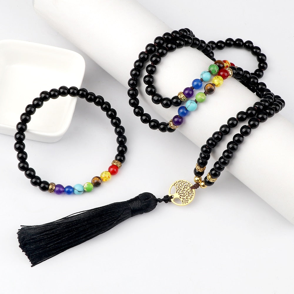 7 Chakra Necklace Tree of Life and Lava 7 Chakra Bracelet Set