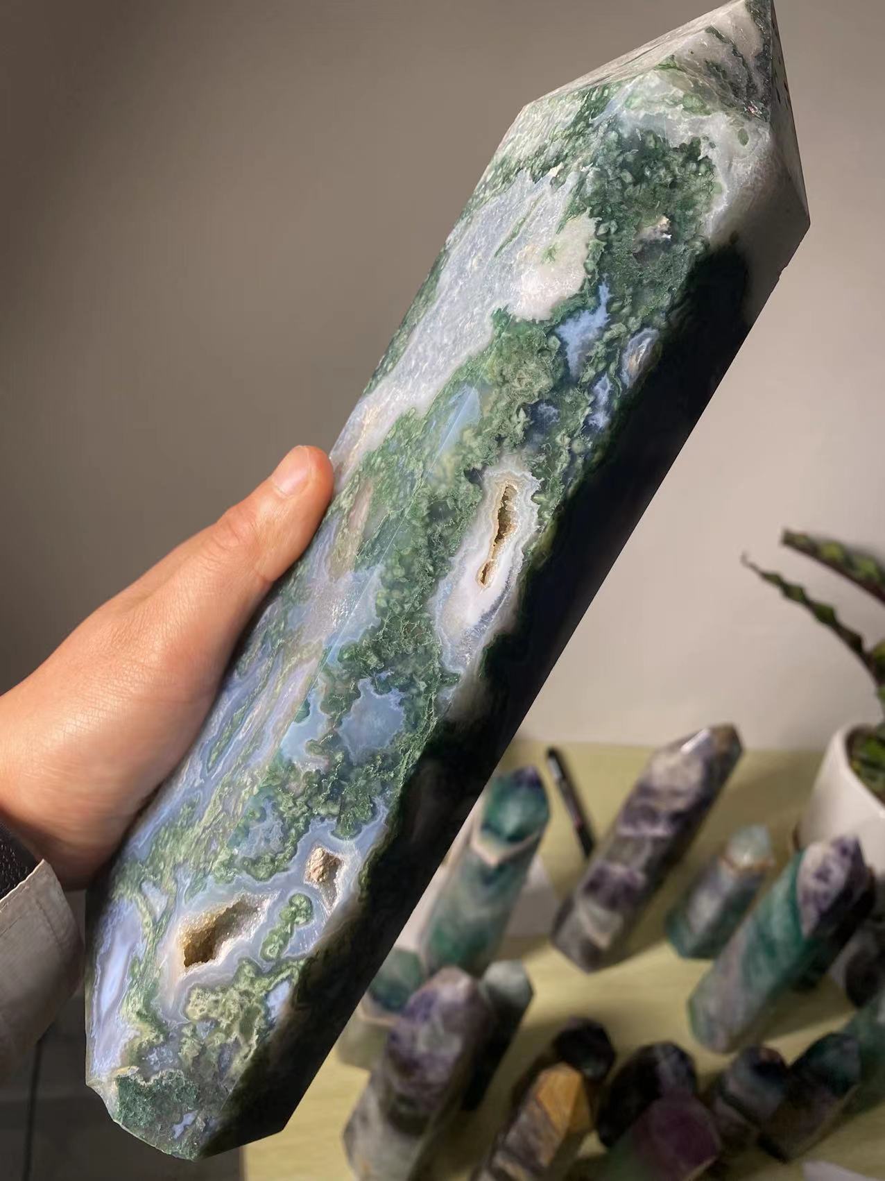 Natural large moss agate crystal tower